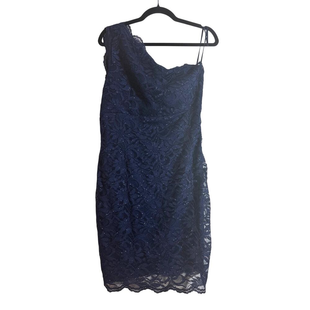 Roz & Ali Size 10 Blue One-Shoulder Lace Mini Dress Cocktail Party Shimmer Glam
